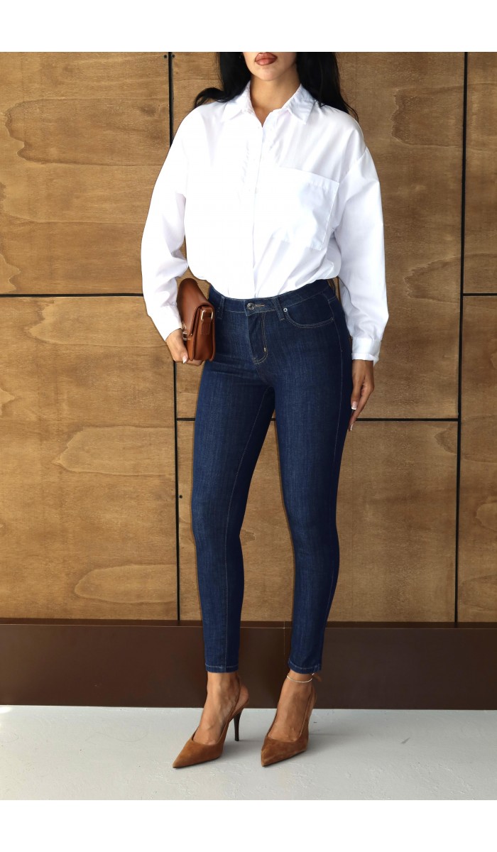 Yüksek Bel Dar Kalıp En Boy Likralı Dark Blue Jean Pantolon