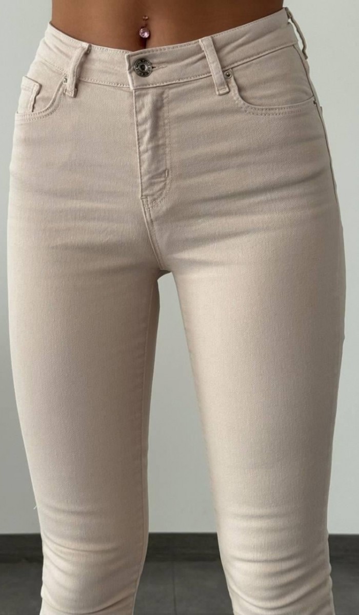 Yüksek Bel Dar Paça Bej Mira Jean Pantolon