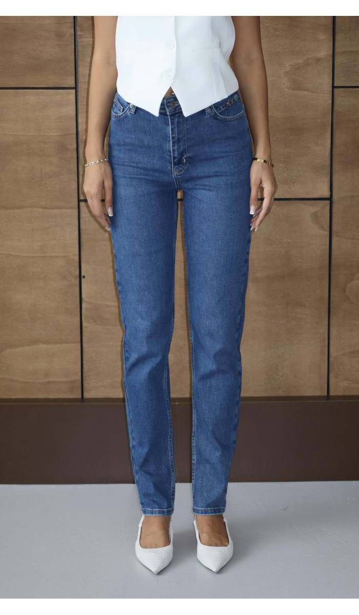 Yüksek Bel Klasik Kesim Dar Paça Blue Tokalı Jean Pantolon