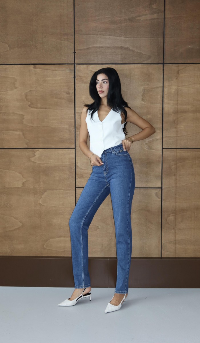 Yüksek Bel Klasik Kesim Dar Paça Blue Tokalı Jean Pantolon