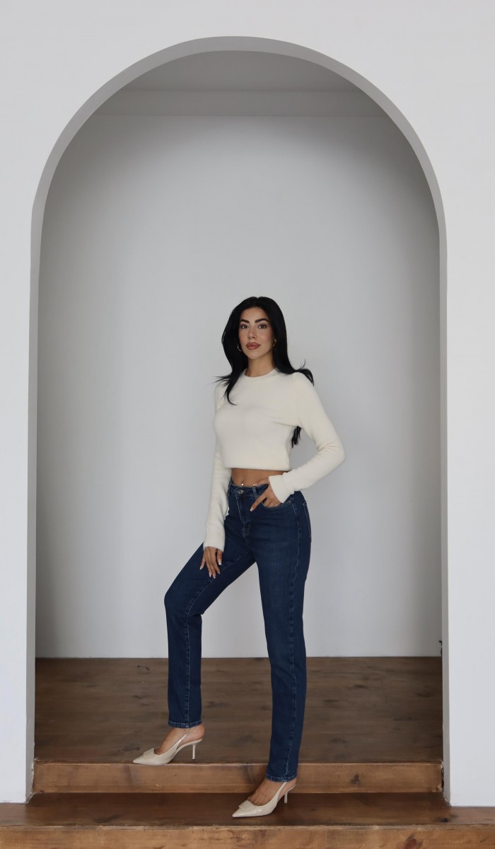 Yüksek Bel Klasik Kesim Dar Paça Dark Blue Jean Pantolon