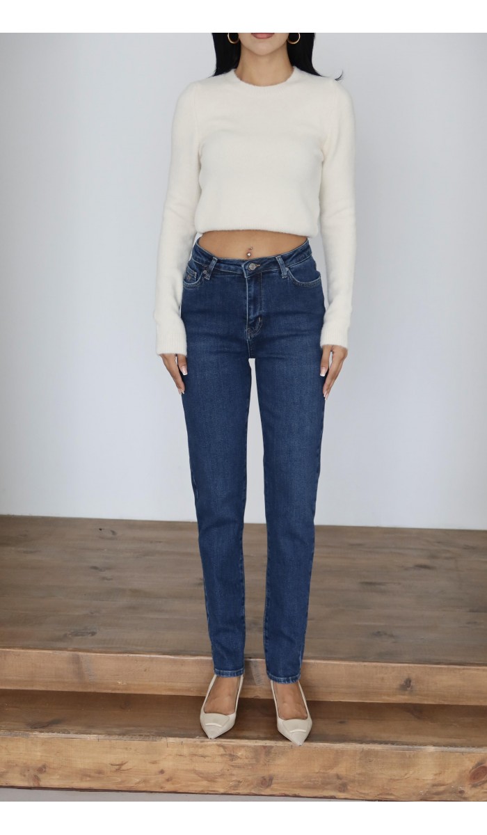 Yüksek Bel Klasik Kesim Dar Paça Dark Blue Jean Pantolon