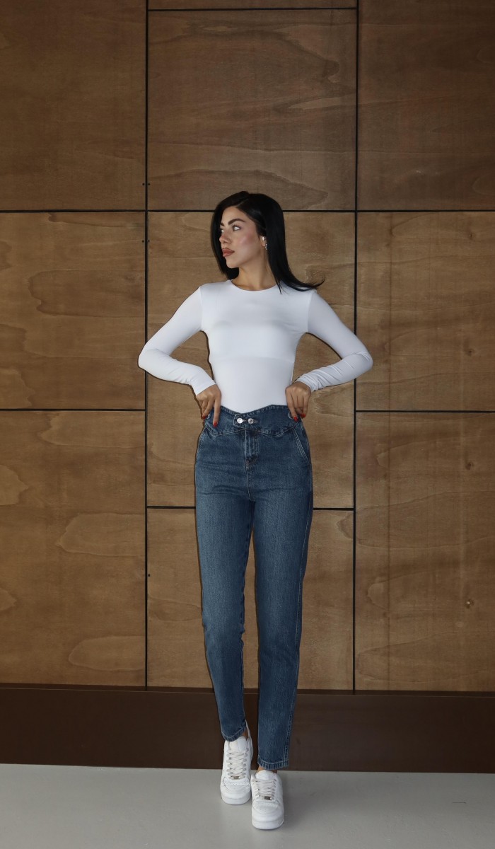 Düğme Detaylı Dark Blue Mom Jean Pantolon