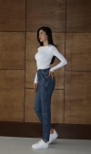 Düğme Detaylı Dark Blue Mom Jean Pantolon