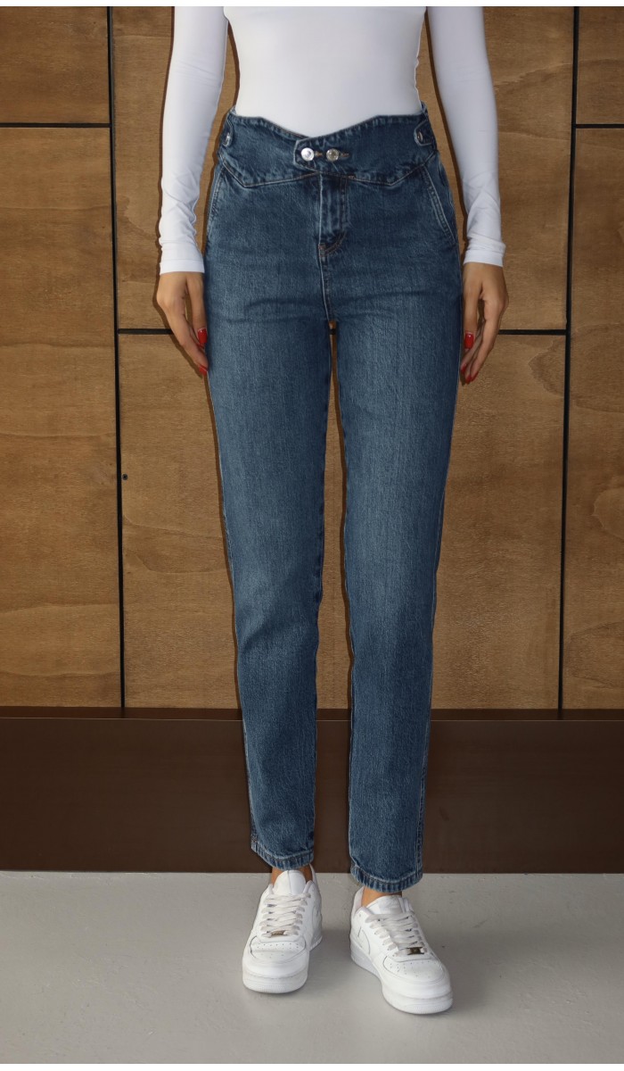 Düğme Detaylı Dark Blue Mom Jean Pantolon Düğme Detaylı Dark Blue Mom Jean Pantolon