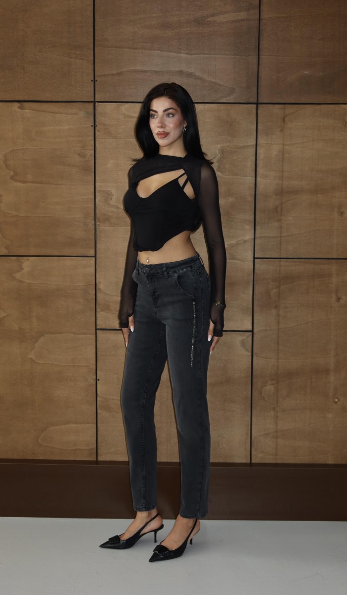 Yüksek Bel Yandan Taş Detaylı Antrasit Mom Fit Jean Pantolon