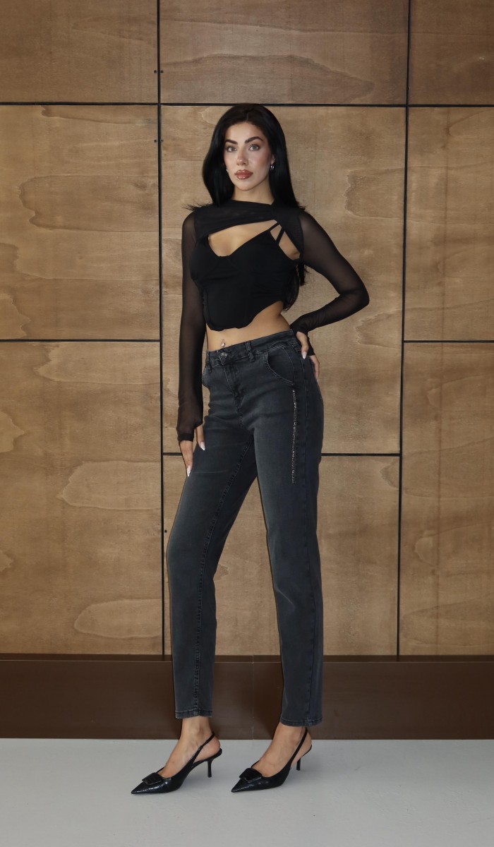 Yüksek Bel Yandan Taş Detaylı Antrasit Mom Fit Jean Pantolon