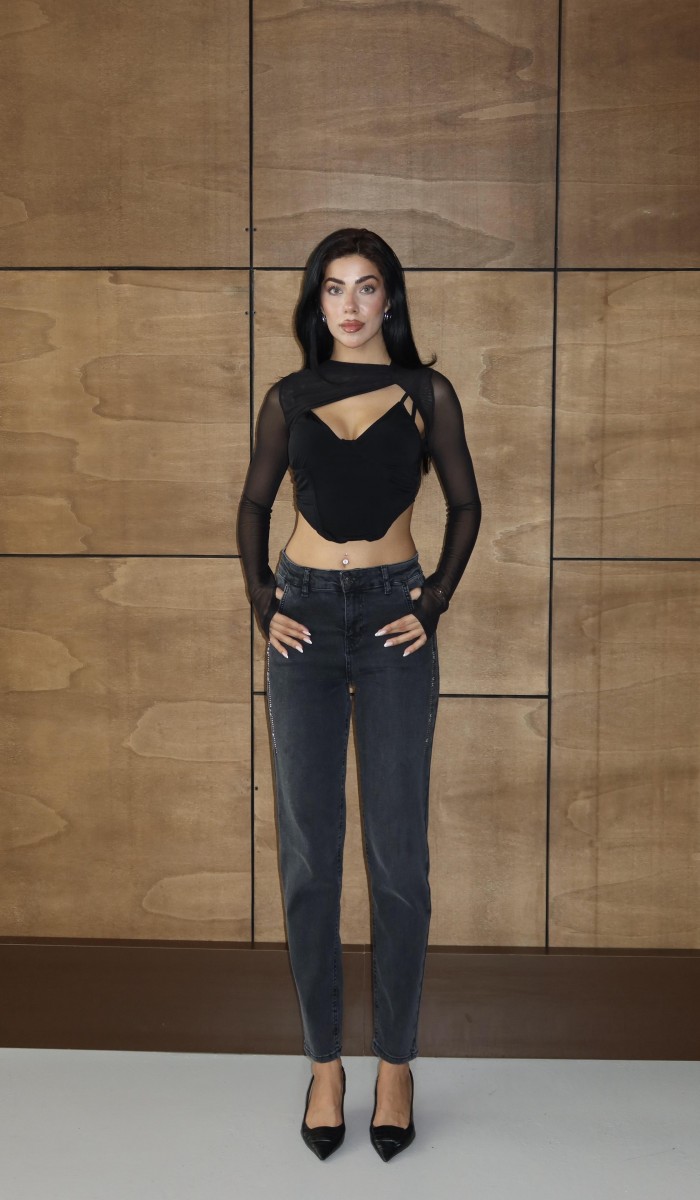 Yüksek Bel Yandan Taş Detaylı Antrasit Mom Fit Jean Pantolon