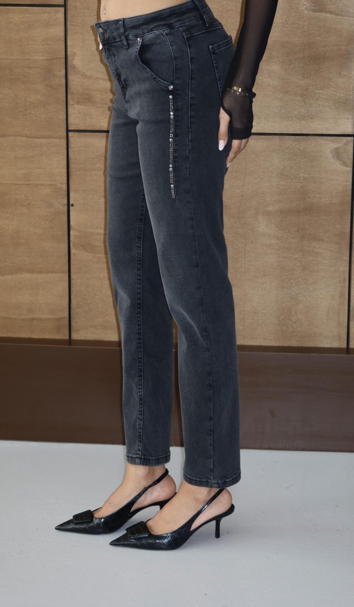 Yüksek Bel Yandan Taş Detaylı Antrasit Mom Fit Jean Pantolon