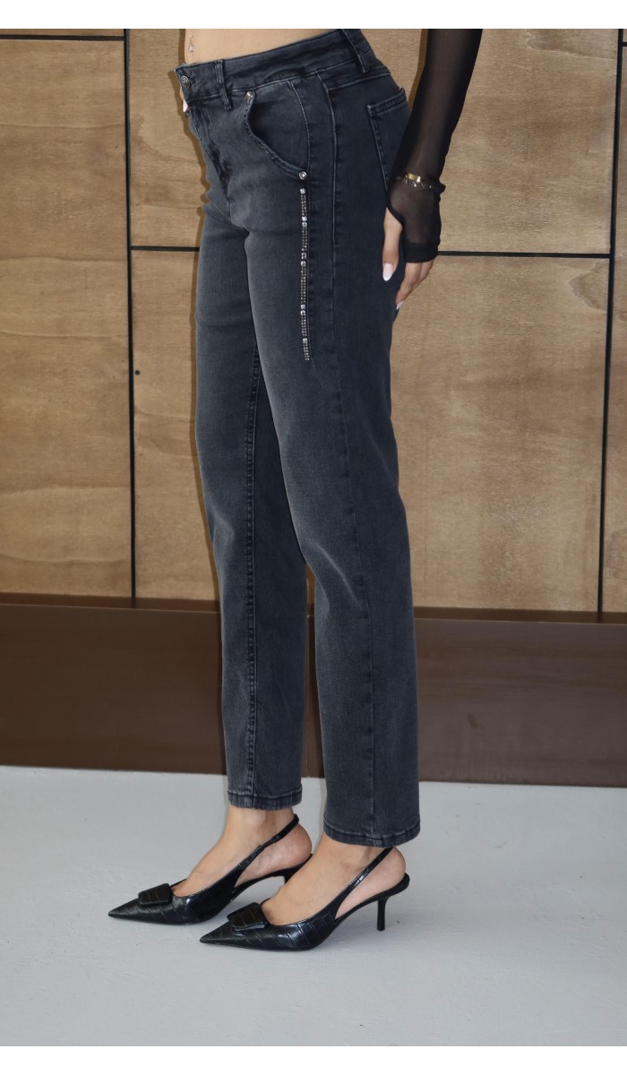 Yüksek Bel Yandan Taş Detaylı Antrasit Mom Fit Jean Pantolon