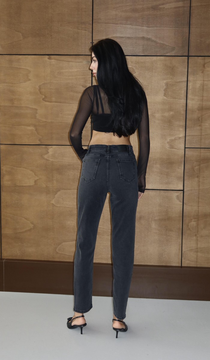 Yüksek Bel Yandan Taş Detaylı Antrasit Mom Fit Jean Pantolon