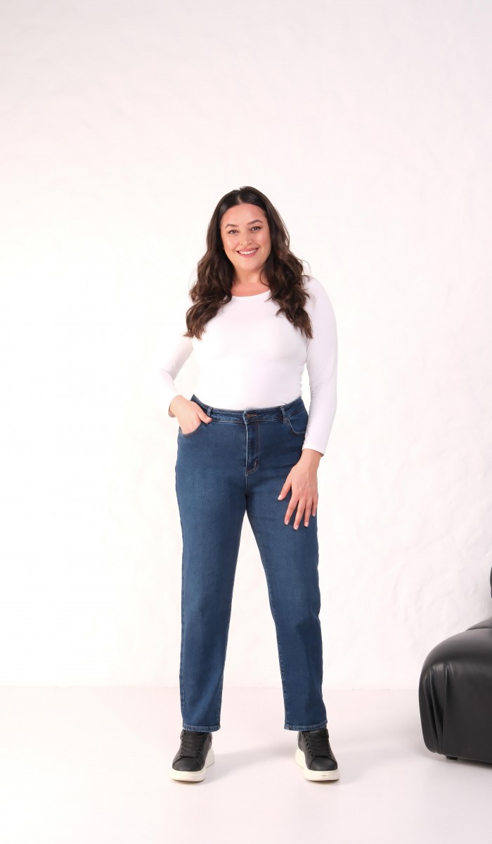 Yüksek Bel Dar Paça Battal Kesim Dark Blue Jean Pantolon