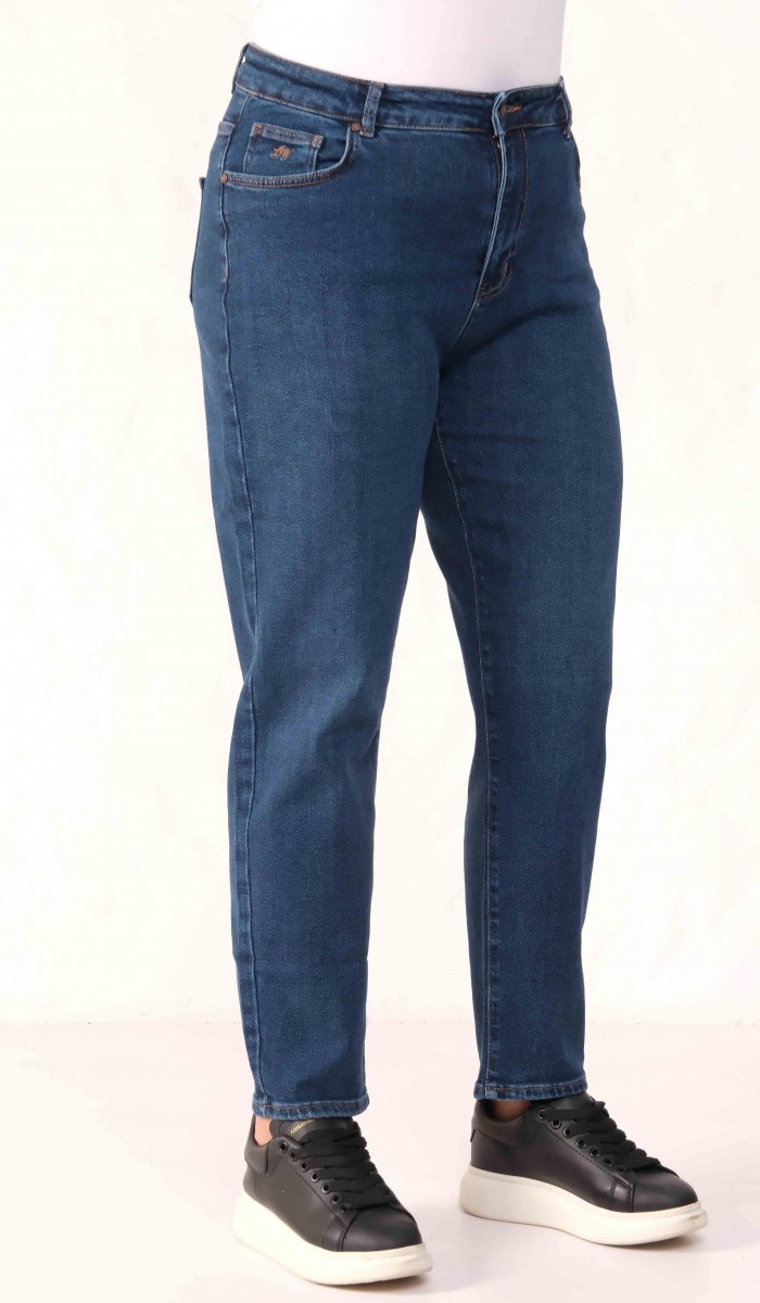 Yüksek Bel Dar Paça Battal Kesim Dark Blue Jean Pantolon