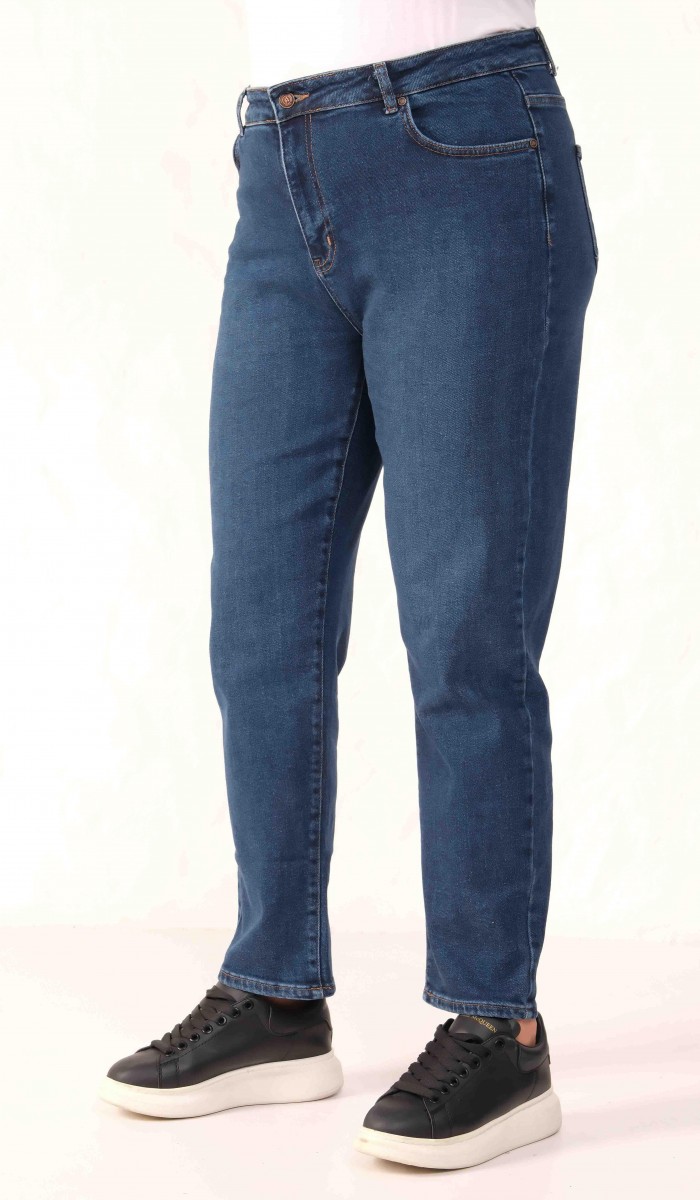 Yüksek Bel Dar Paça Battal Kesim Dark Blue Jean Pantolon