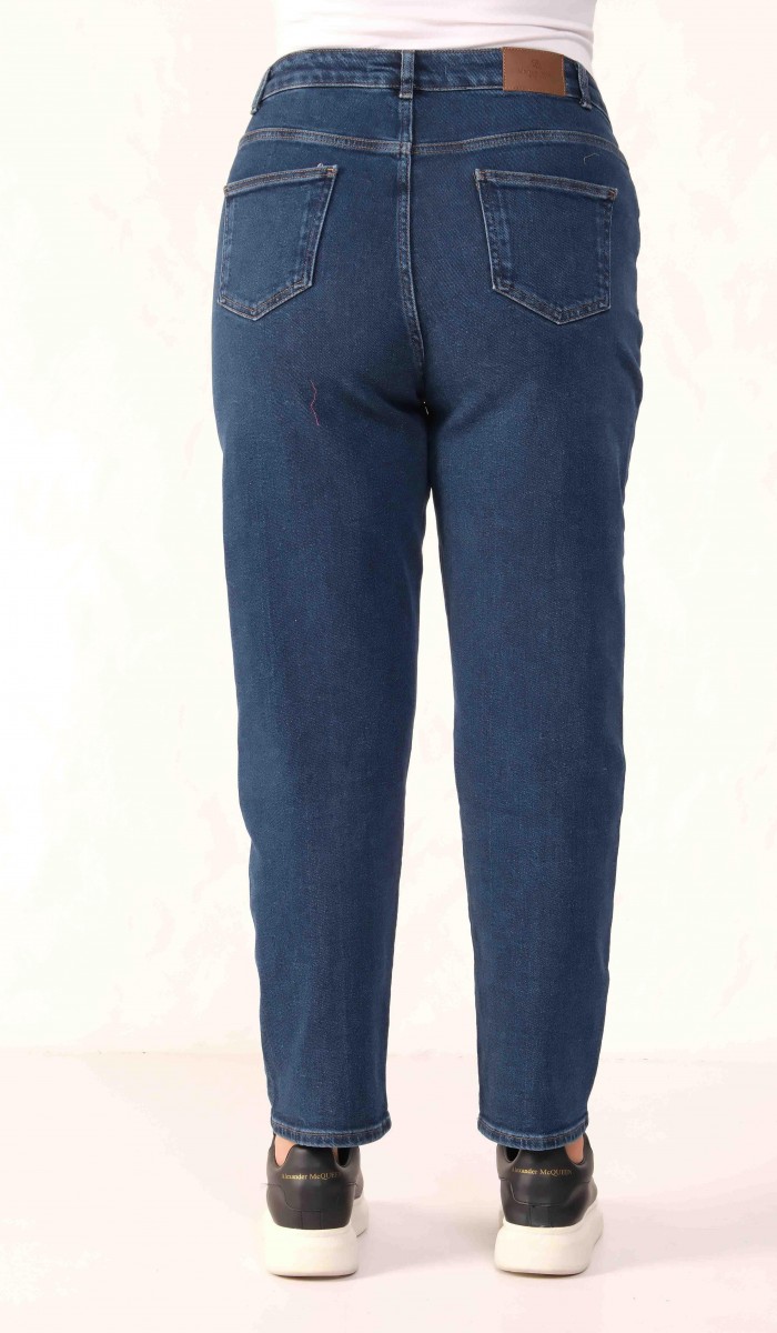 Yüksek Bel Dar Paça Battal Kesim Dark Blue Jean Pantolon