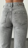 Yüksek Bel Paça Detaylı Açık Gri Mom Fit Jean Pantolon