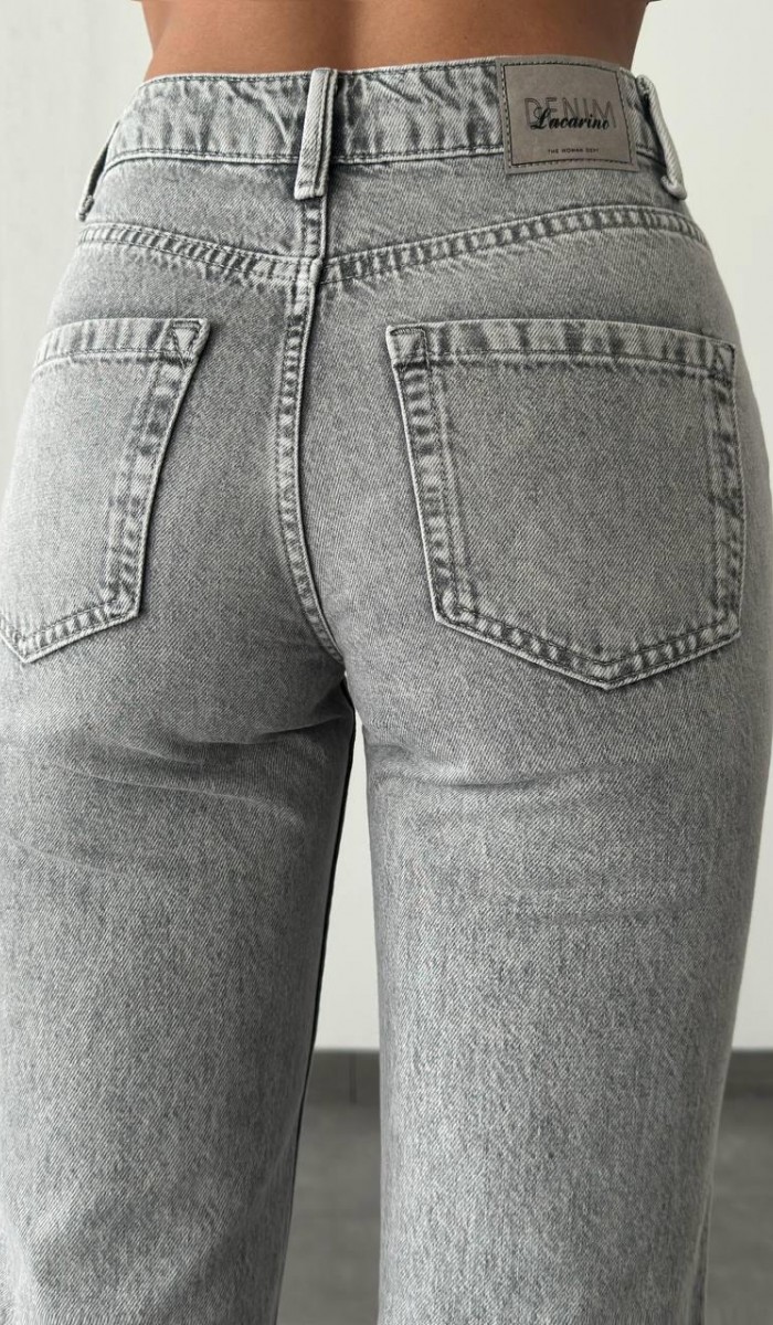 Yüksek Bel Paça Detaylı Açık Gri Mom Fit Jean Pantolon