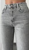 Yüksek Bel Paça Detaylı Açık Gri Mom Fit Jean Pantolon