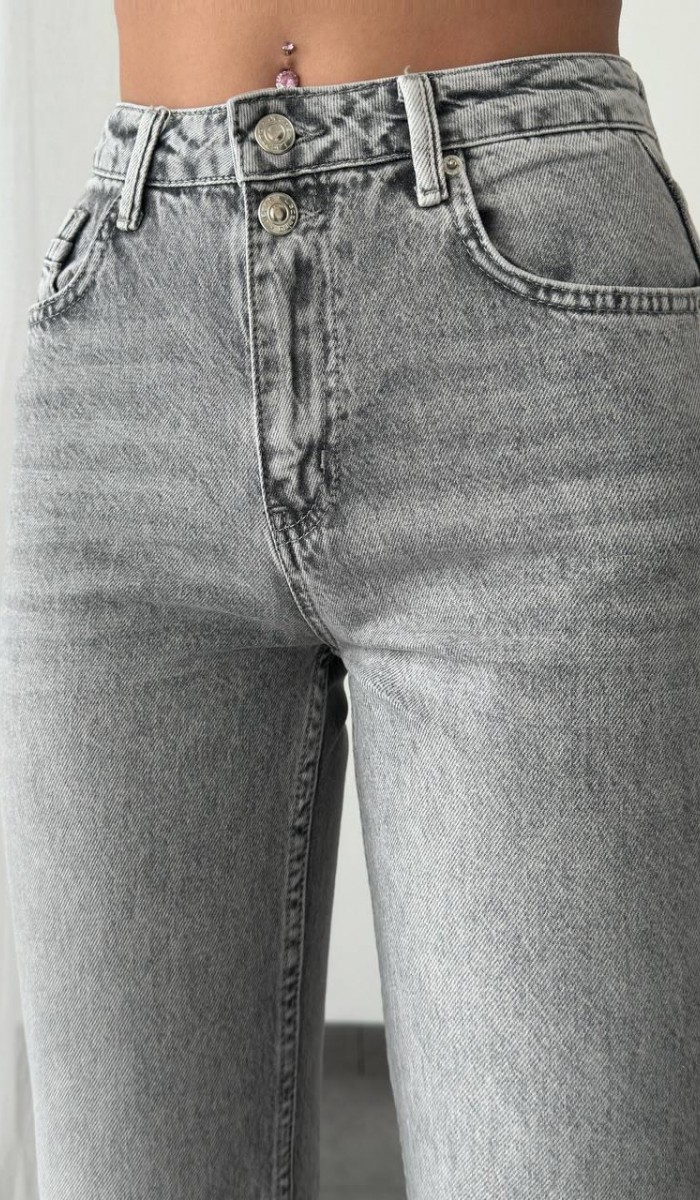 Yüksek Bel Paça Detaylı Açık Gri Mom Fit Jean Pantolon