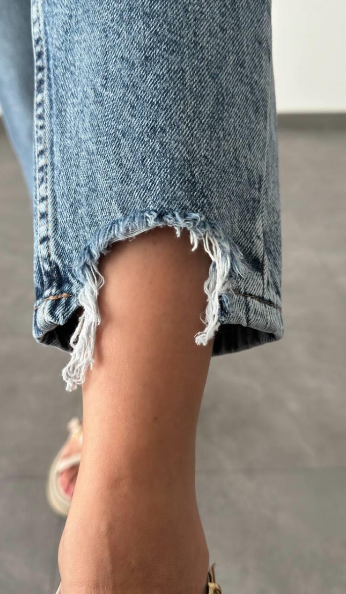 Yüksek Bel Paça Detaylı Blue Mom Fit Jean Pantolon