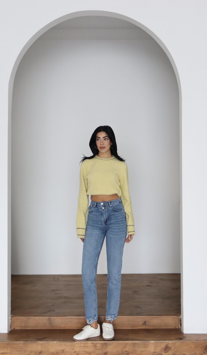 Yüksek Bel Paça Detaylı Blue Mom Fit Jean Pantolon