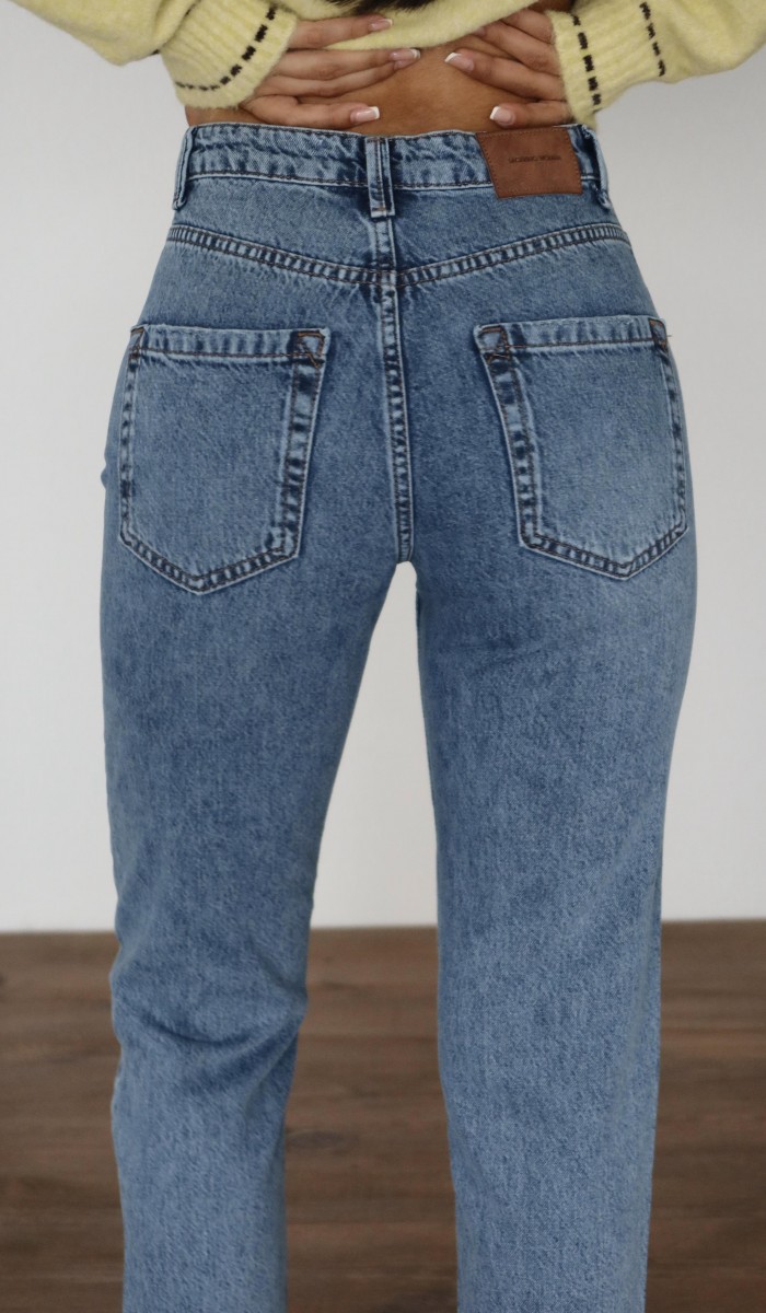 Yüksek Bel Paça Detaylı Blue Mom Fit Jean Pantolon