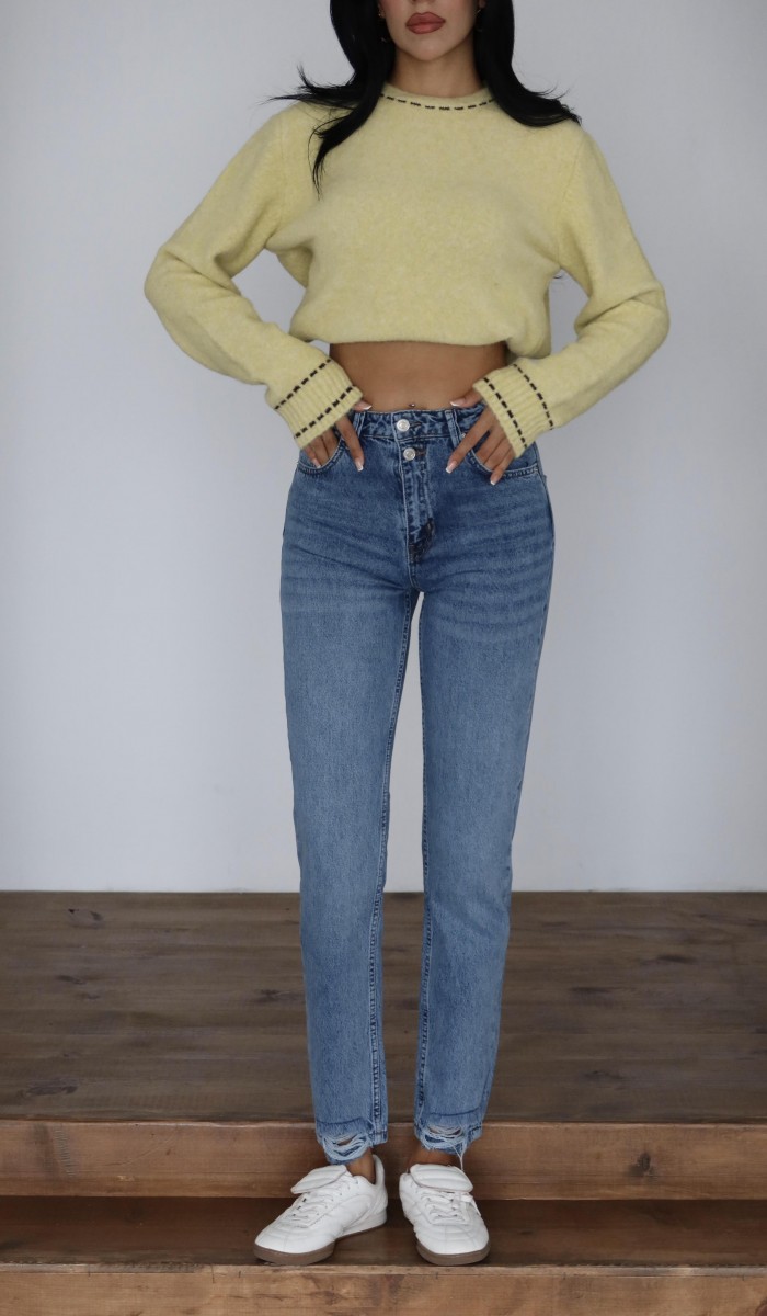 Yüksek Bel Paça Detaylı Blue Mom Fit Jean Pantolon