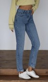 Yüksek Bel Paça Detaylı Blue Mom Fit Jean Pantolon