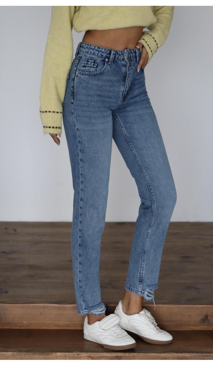 Yüksek Bel Paça Detaylı Blue Mom Fit Jean Pantolon