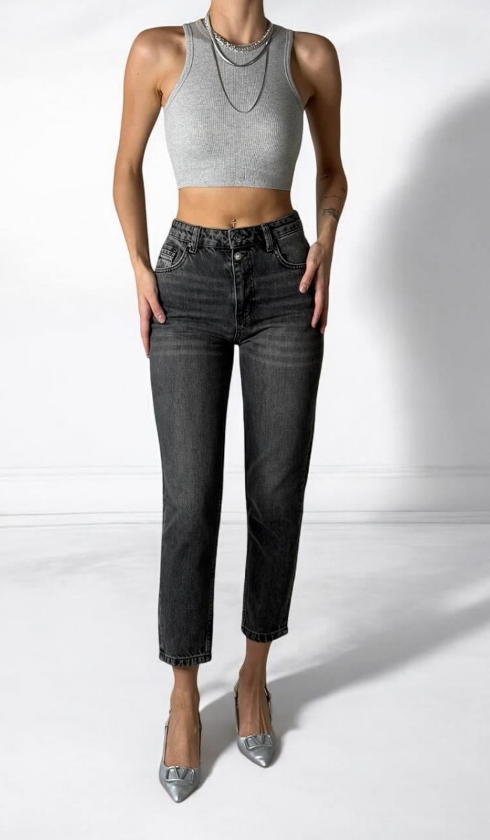 Yüksek Bel Boru Paça Bilek Boy Onyx Black Jean Pantolon Yüksek Bel Boru Paça Bilek Boy Onyx Black Jean Pantolon