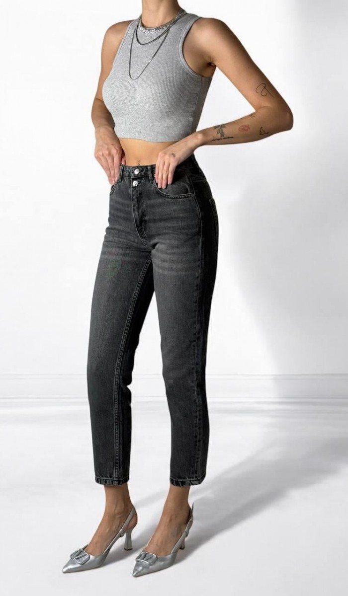 Yüksek Bel Boru Paça Bilek Boy Onyx Black Jean Pantolon Yüksek Bel Boru Paça Bilek Boy Onyx Black Jean Pantolon