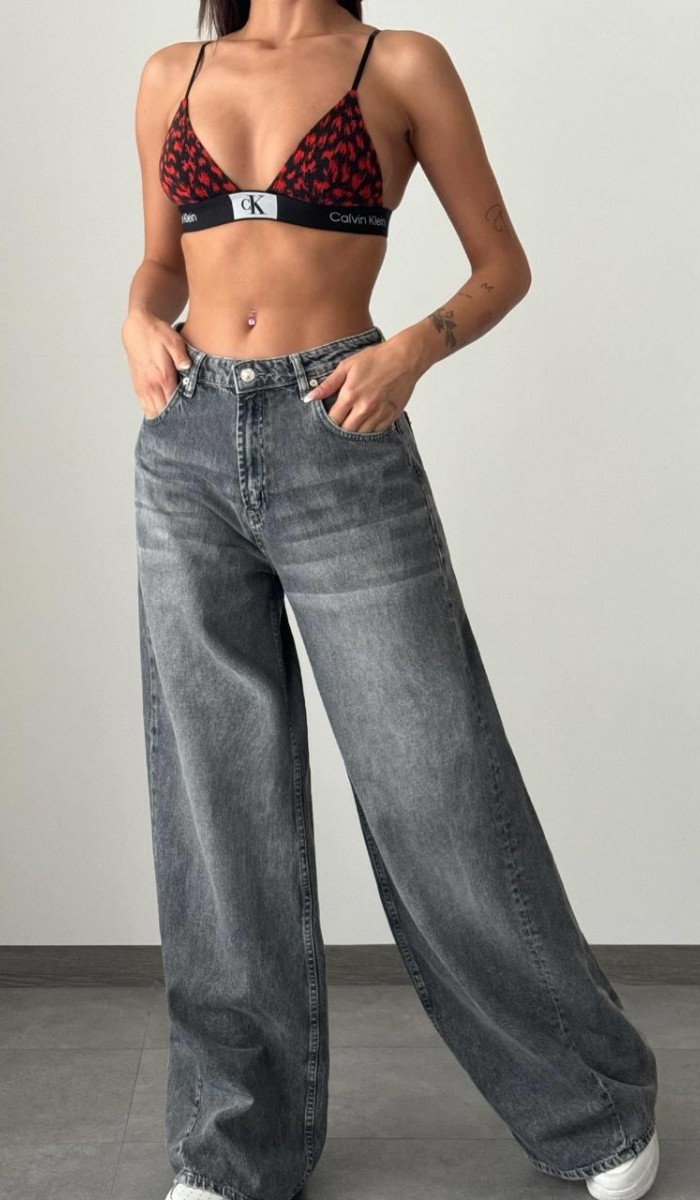 Yüksek Bel Bol Kesim Gri E. Wide Leg Jean Pantolon