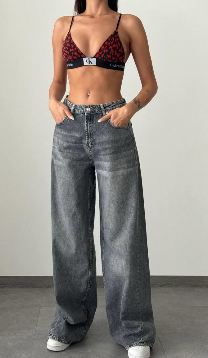 Yüksek Bel Bol Kesim Gri E. Wide Leg Jean Pantolon