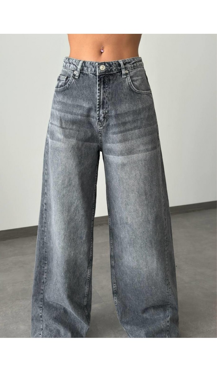 Yüksek Bel Bol Kesim Gri E. Wide Leg Jean Pantolon