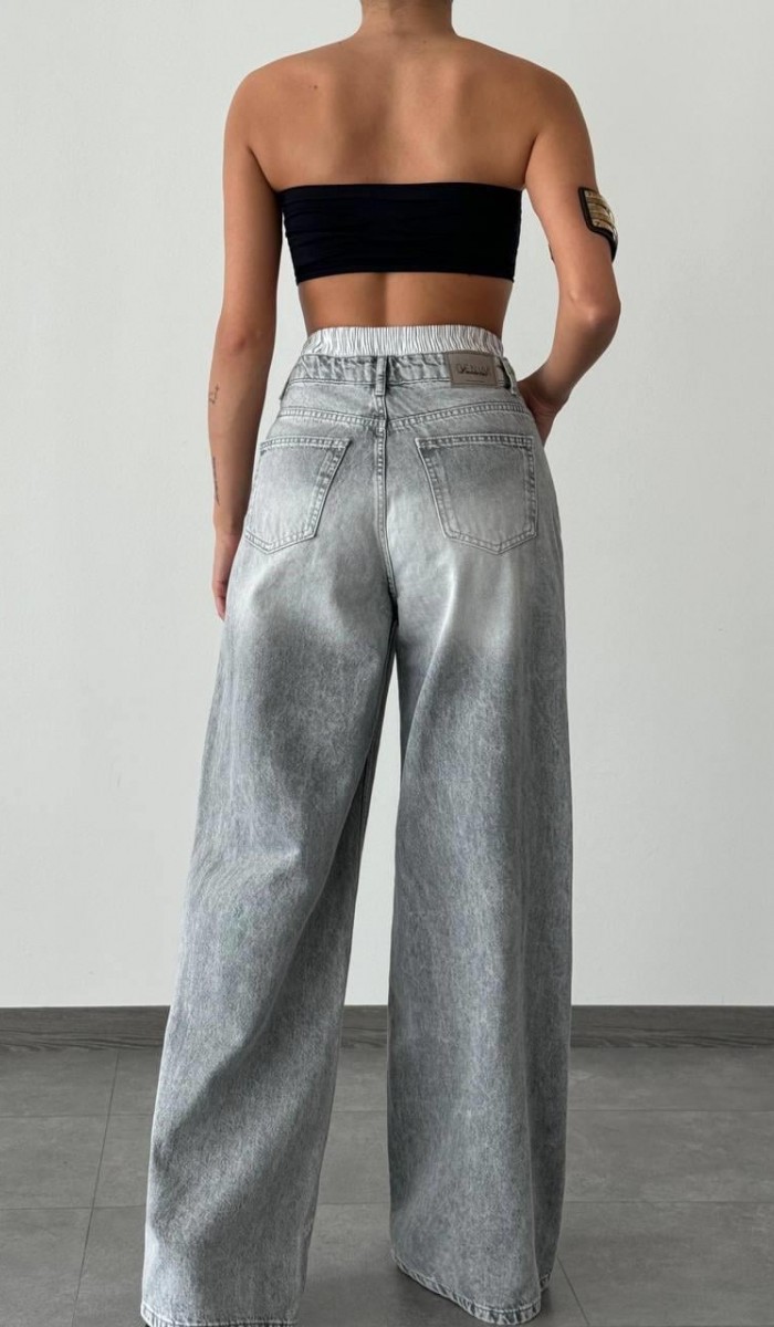 Yüksek Bel Bol Kesim Gri Boxer Detaylı E. Wide Leg Jean Pantolon
