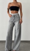 Yüksek Bel Bol Kesim Gri Boxer Detaylı E. Wide Leg Jean Pantolon