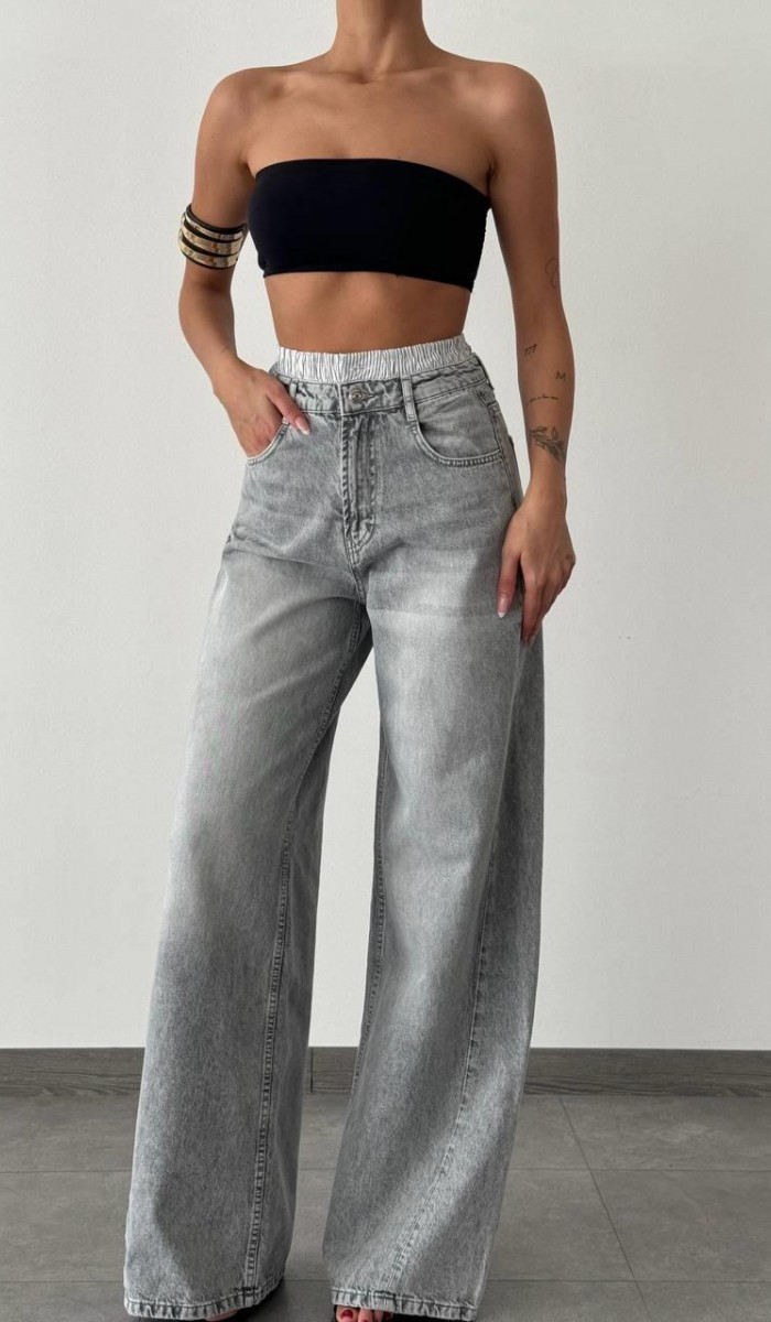 Yüksek Bel Bol Kesim Gri Boxer Detaylı E. Wide Leg Jean Pantolon