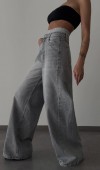 Yüksek Bel Bol Kesim Gri Boxer Detaylı E. Wide Leg Jean Pantolon
