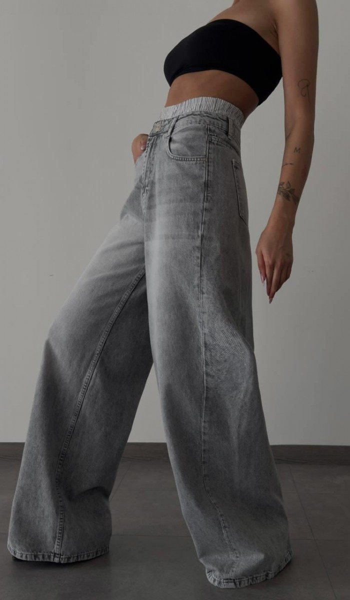 Yüksek Bel Bol Kesim Gri Boxer Detaylı E. Wide Leg Jean Pantolon Yüksek Bel Bol Kesim Gri Boxer Detaylı E. Wide Leg Jean Pantolon