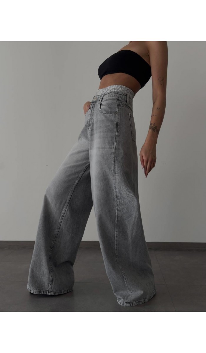 Yüksek Bel Bol Kesim Gri Boxer Detaylı E. Wide Leg Jean Pantolon