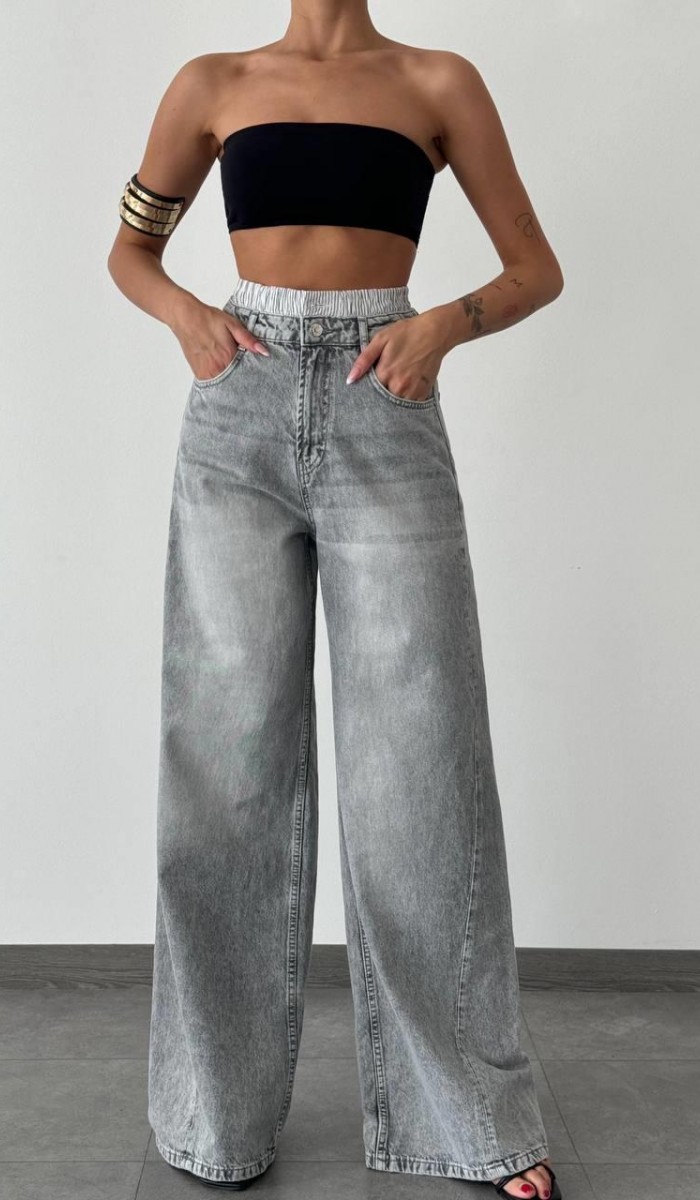 Yüksek Bel Bol Kesim Gri Boxer Detaylı E. Wide Leg Jean Pantolon