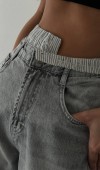 Yüksek Bel Bol Kesim Gri Boxer Detaylı E. Wide Leg Jean Pantolon
