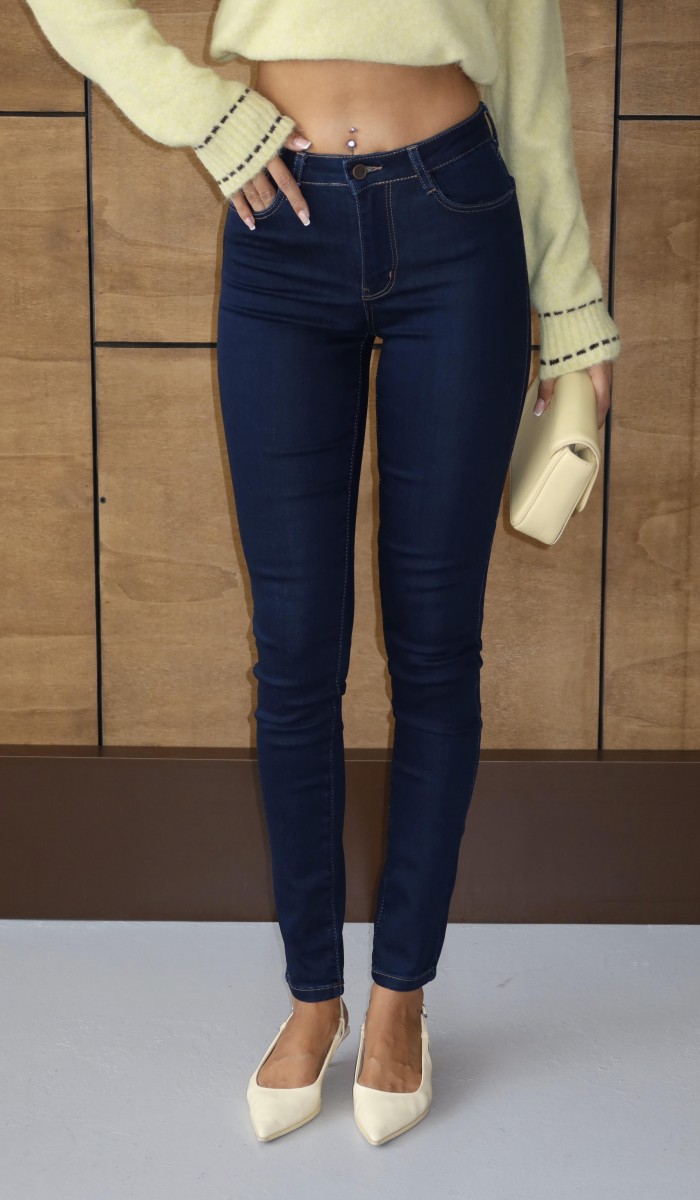Yüksek Bel Dar Paça Dark Blue Jean Pantolon