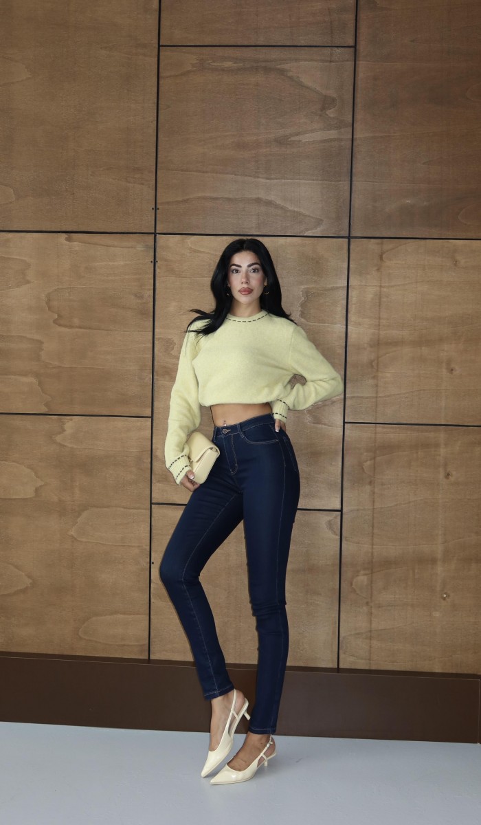 Yüksek Bel Dar Paça Dark Blue Jean Pantolon