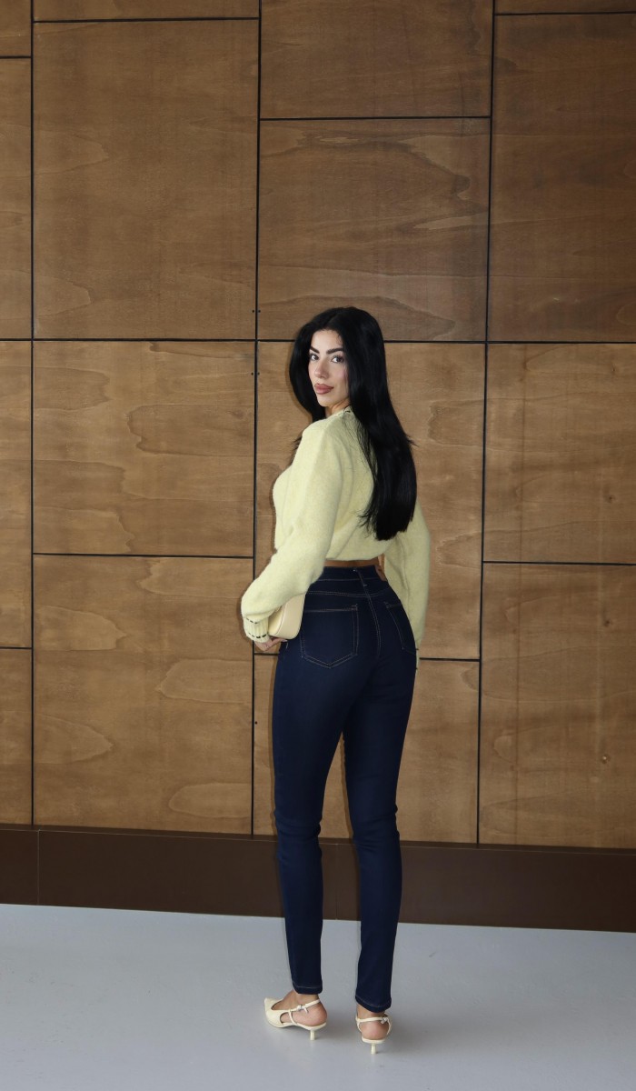 Yüksek Bel Dar Paça Dark Blue Jean Pantolon