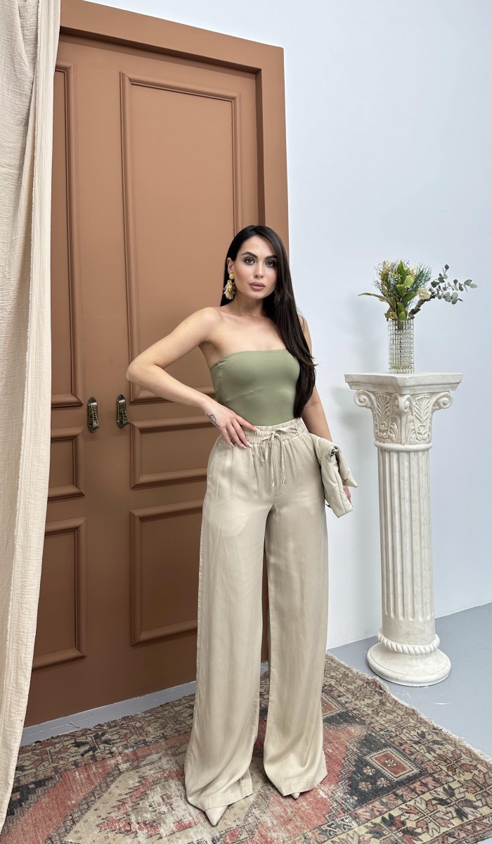 Bel Lastikli Bej Salaş Pantolon