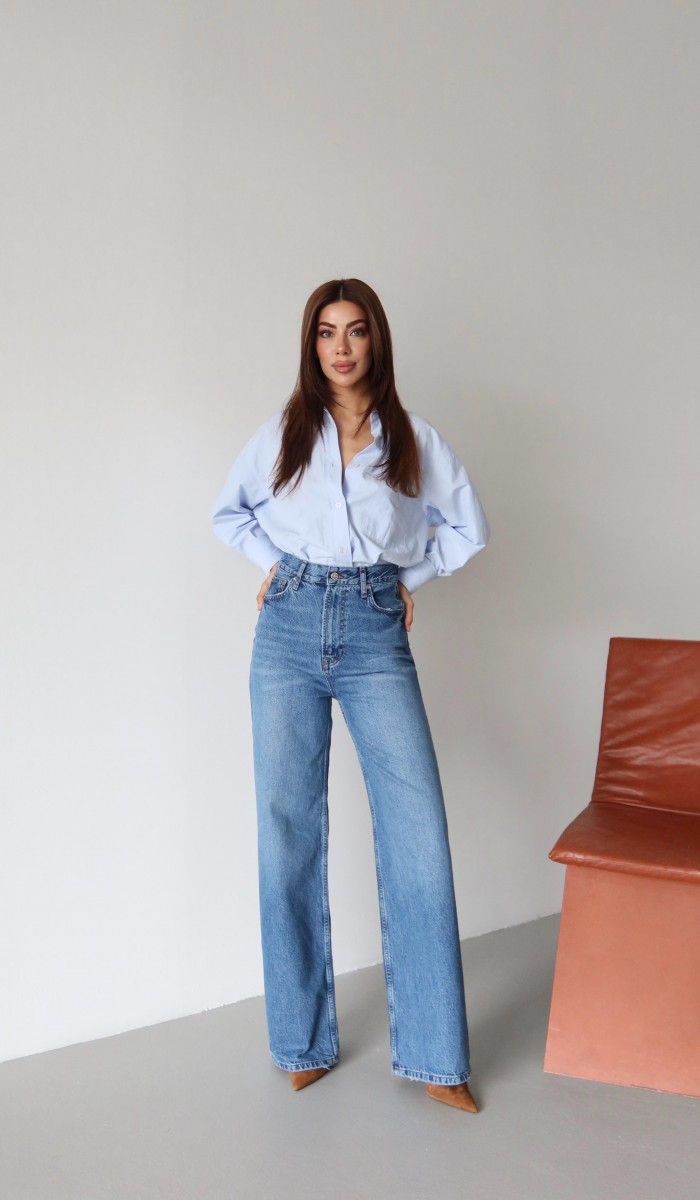 Yüksek Bel Arka Cep Deri Garnili Blue Jean Pantolon