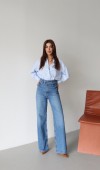 Yüksek Bel Arka Cep Deri Garnili Blue Jean Pantolon