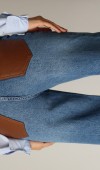 Yüksek Bel Arka Cep Deri Garnili Blue Jean Pantolon