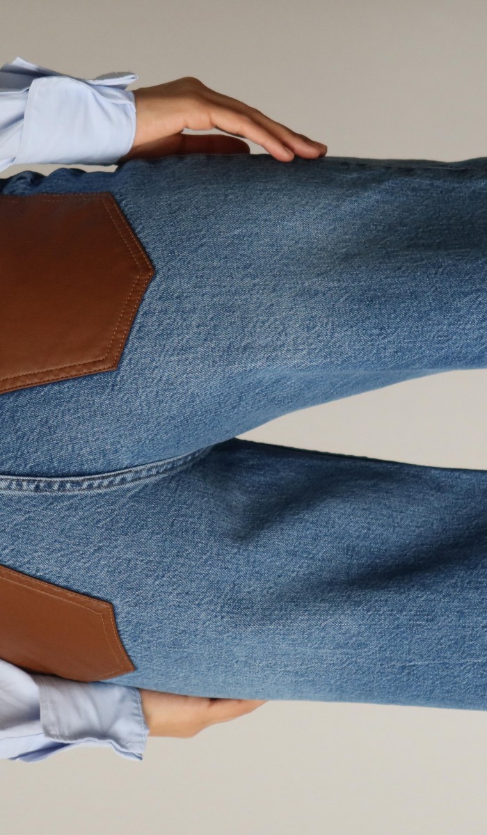 Yüksek Bel Arka Cep Deri Garnili Blue Jean Pantolon